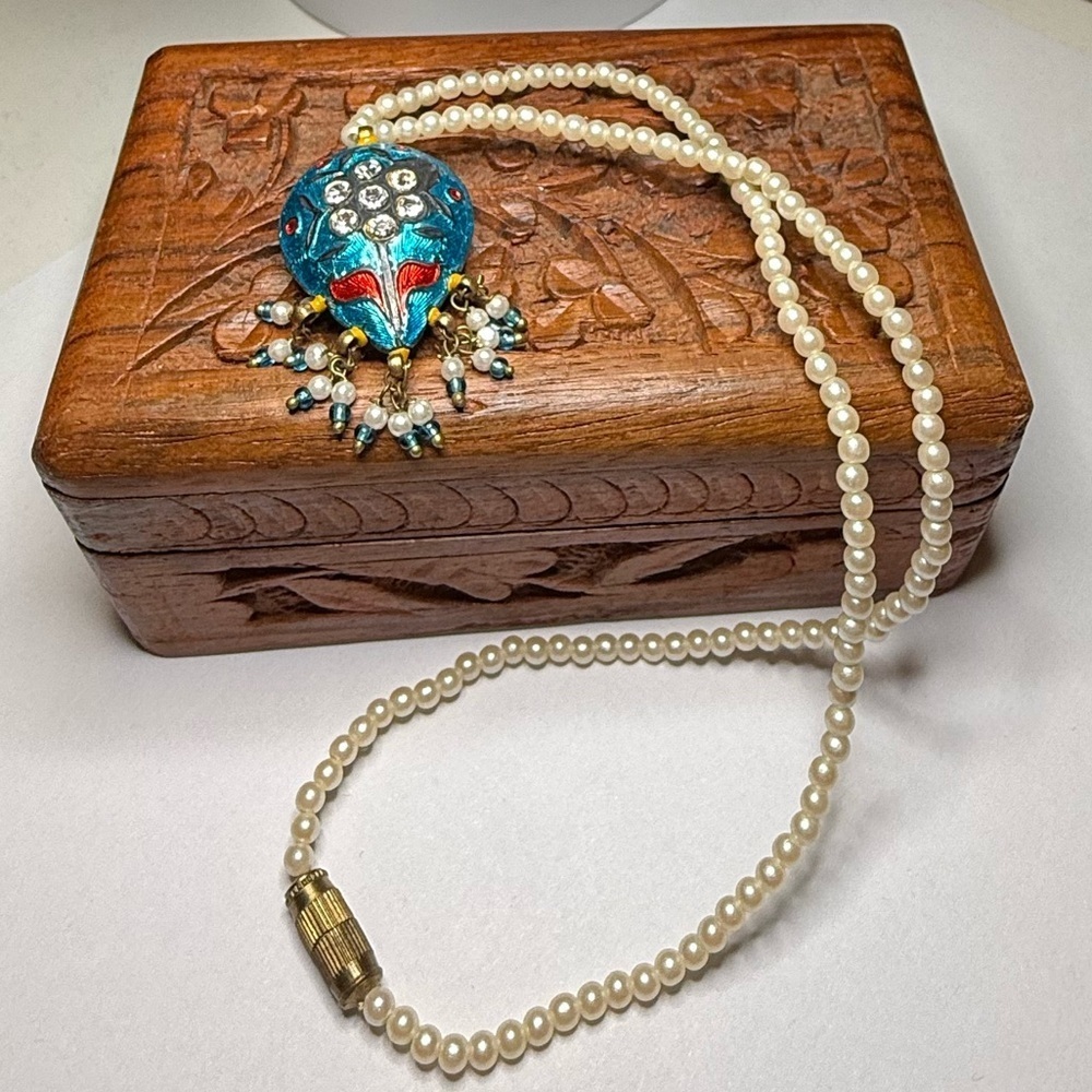 Vintage Faux Pearl Necklace Blue Enamel Peacock Pendant Rhinestone Fringe 15”